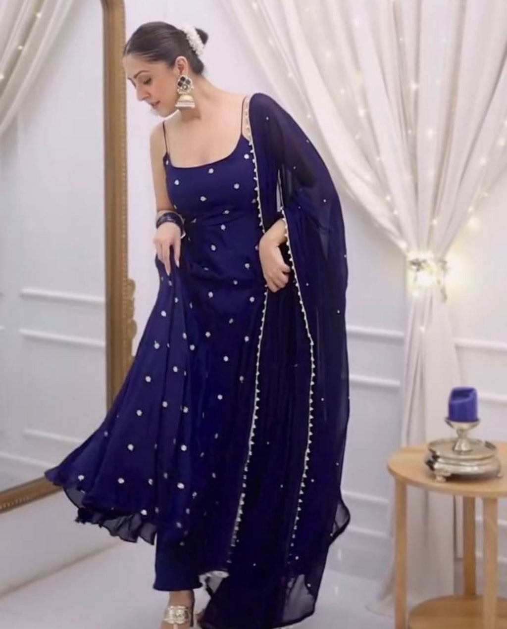 Haza – Midnight Blue Sequins Flowing Anarkali Suit Set