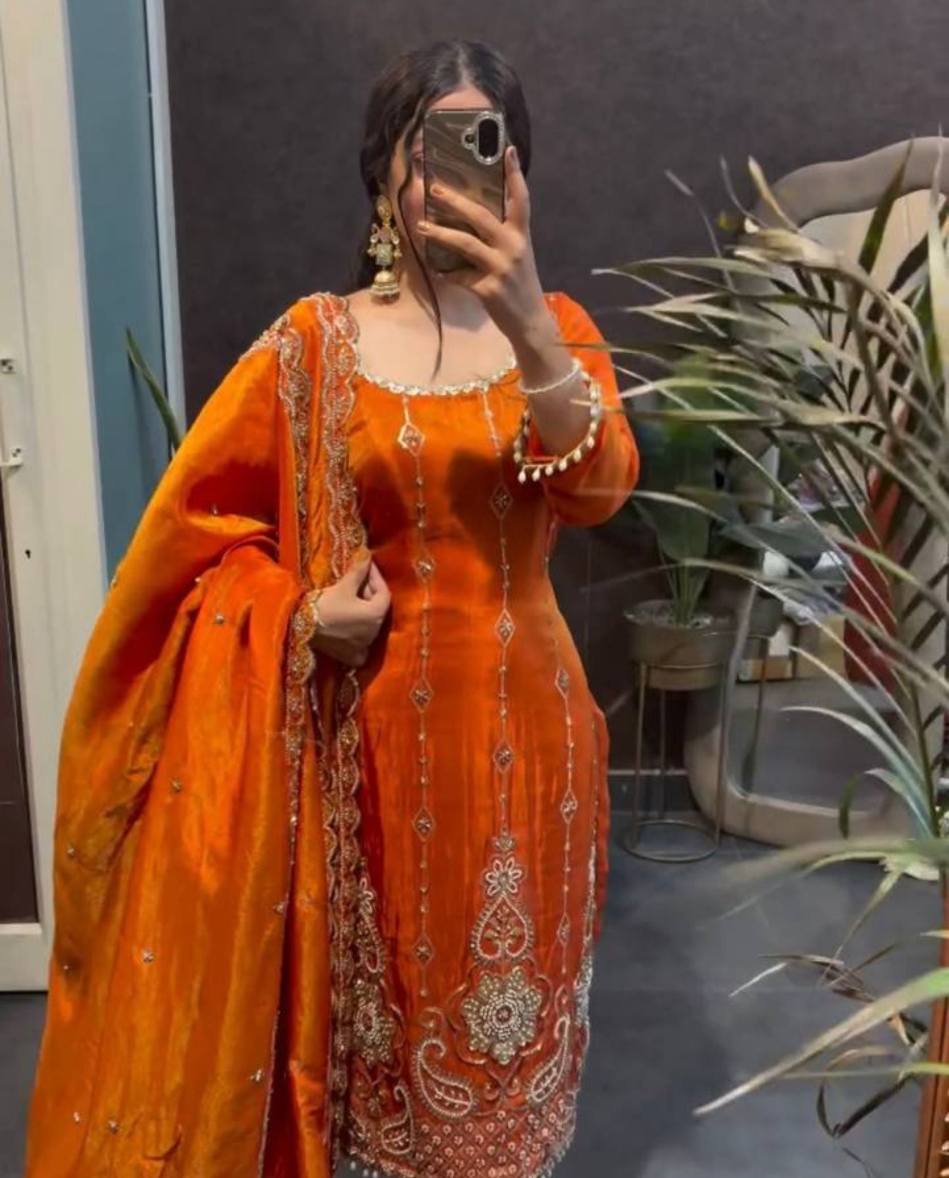 Giro – Radiant Orange Sequins Festive Silk Suit Set
