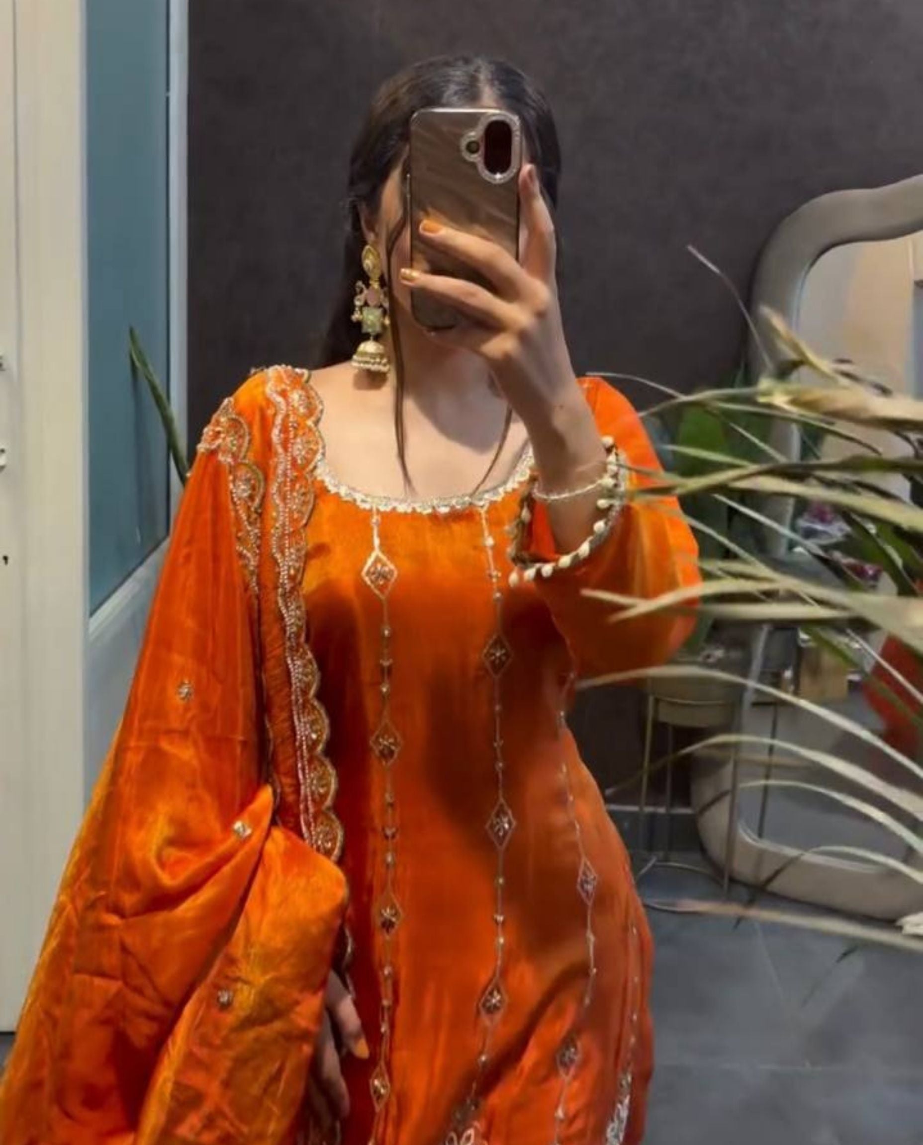 Giro – Radiant Orange Sequins Festive Silk Suit Set