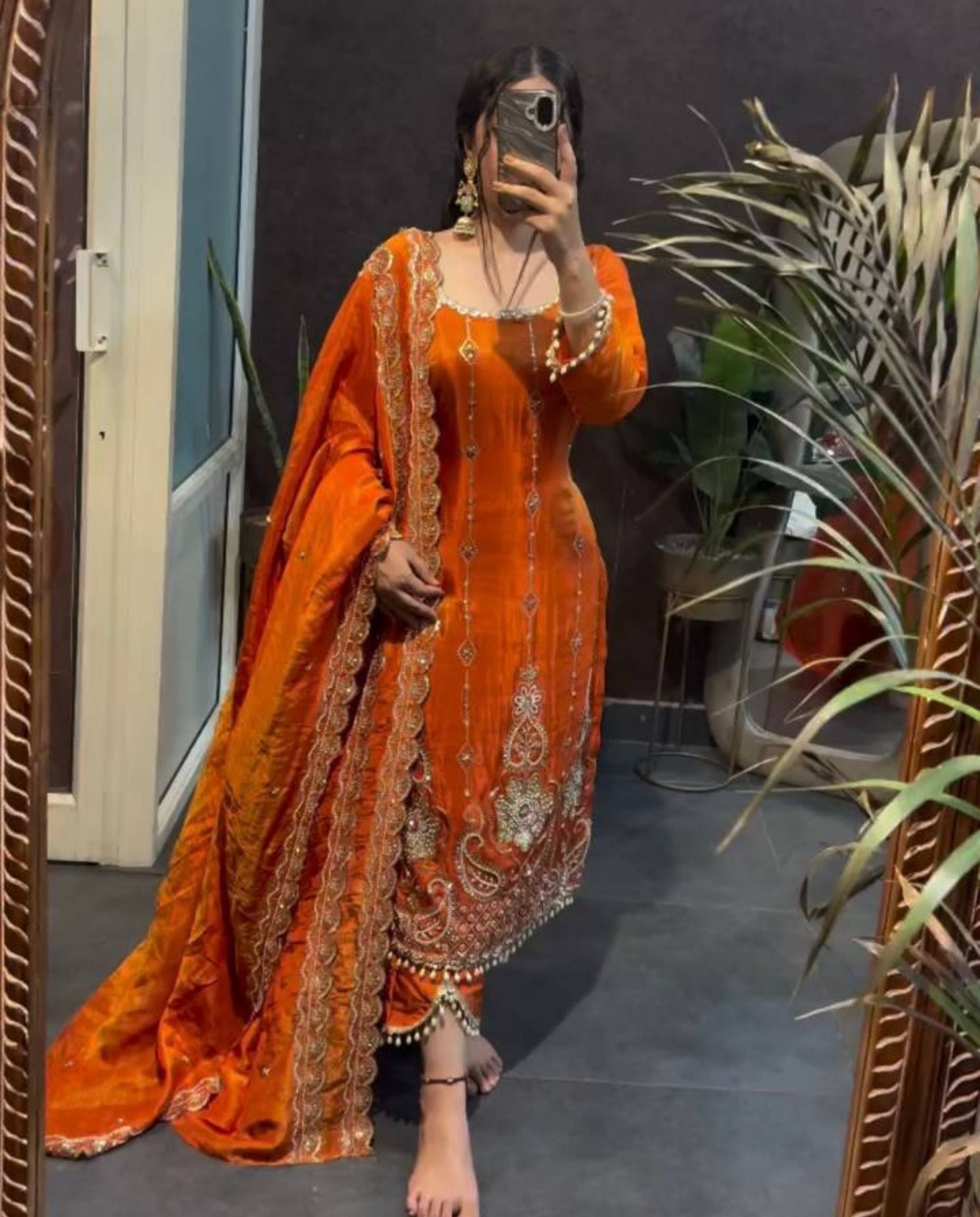 Giro – Radiant Orange Sequins Festive Silk Suit Set